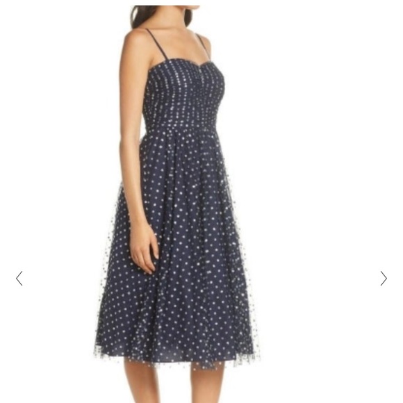 Nordstrom Eliza J Navy Silver Glitter Polka Dot Tulle Cocktail Retro Midi Dress - Picture 2 of 11